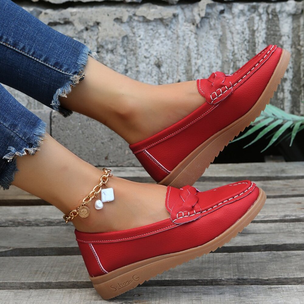 Weave Wedge Heeled Loafers in Deep Red - Picture 2 of 3
